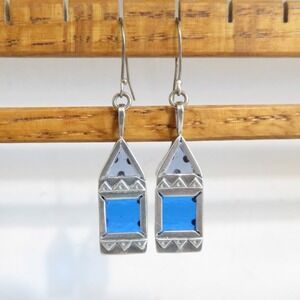 Unique Geometric House Lantern Earrings Blue Glass Sterling Silver Dangle